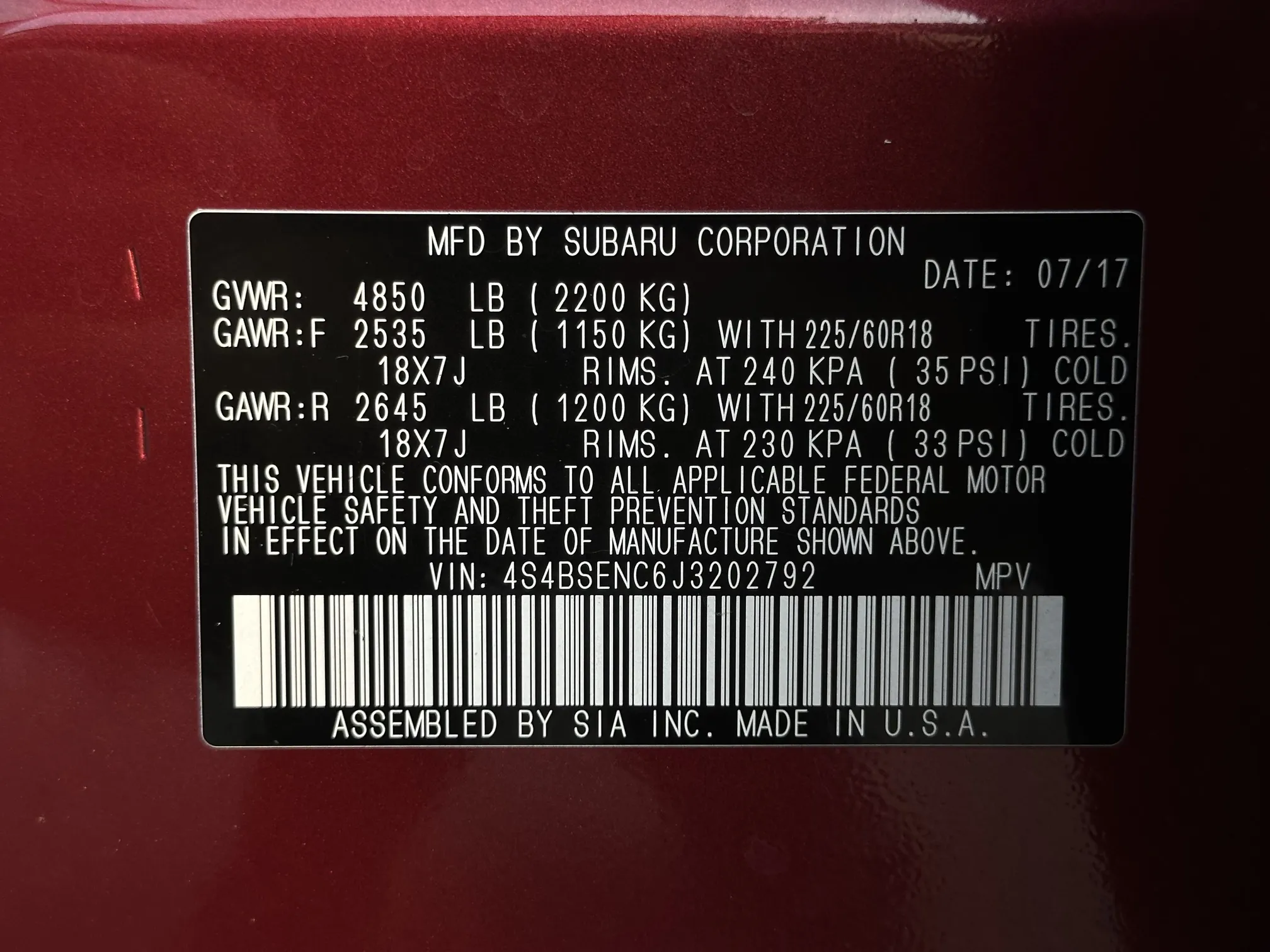 VIN plate