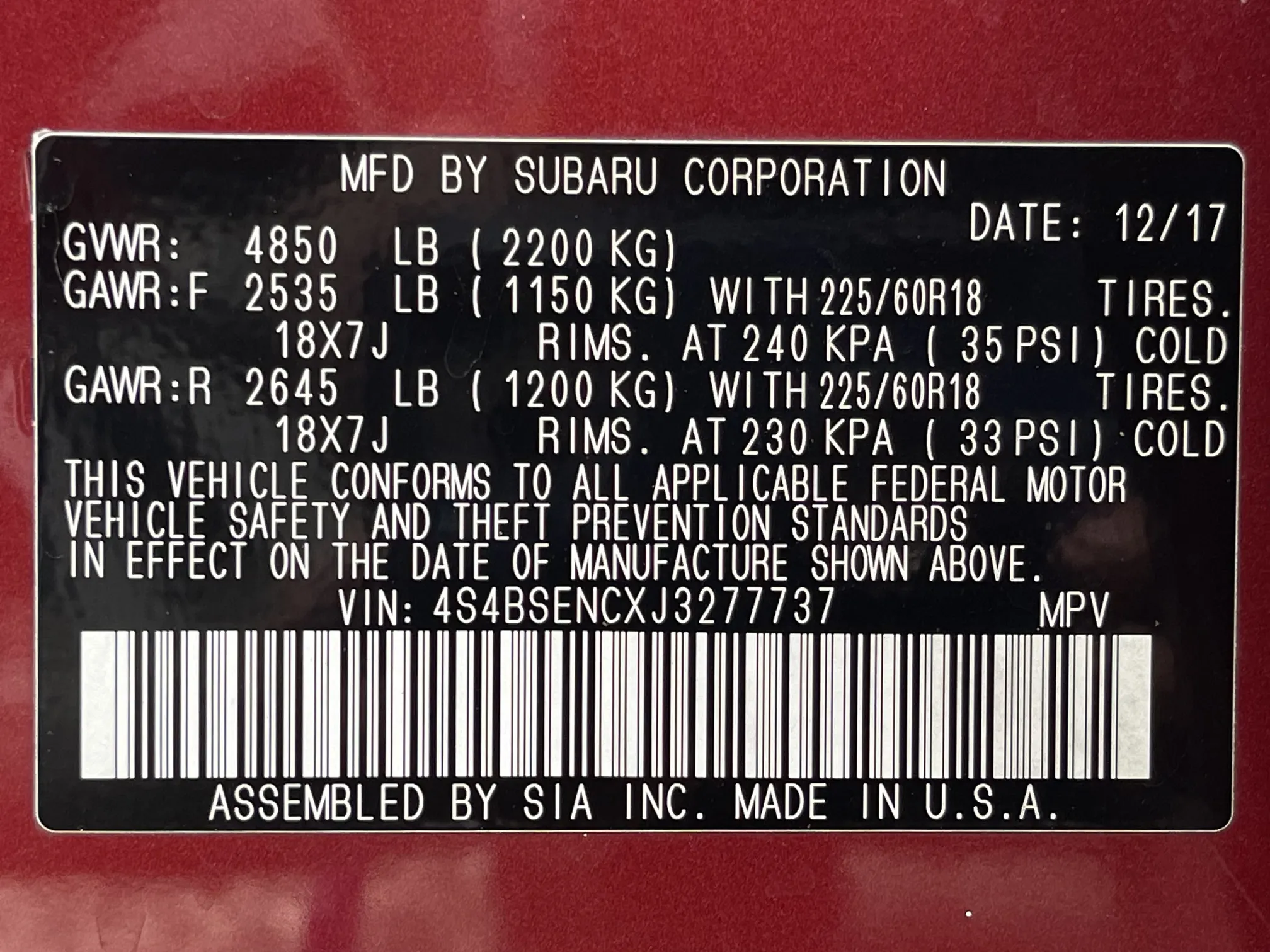 2018 Subaru Outback Limited 3.6 - Red