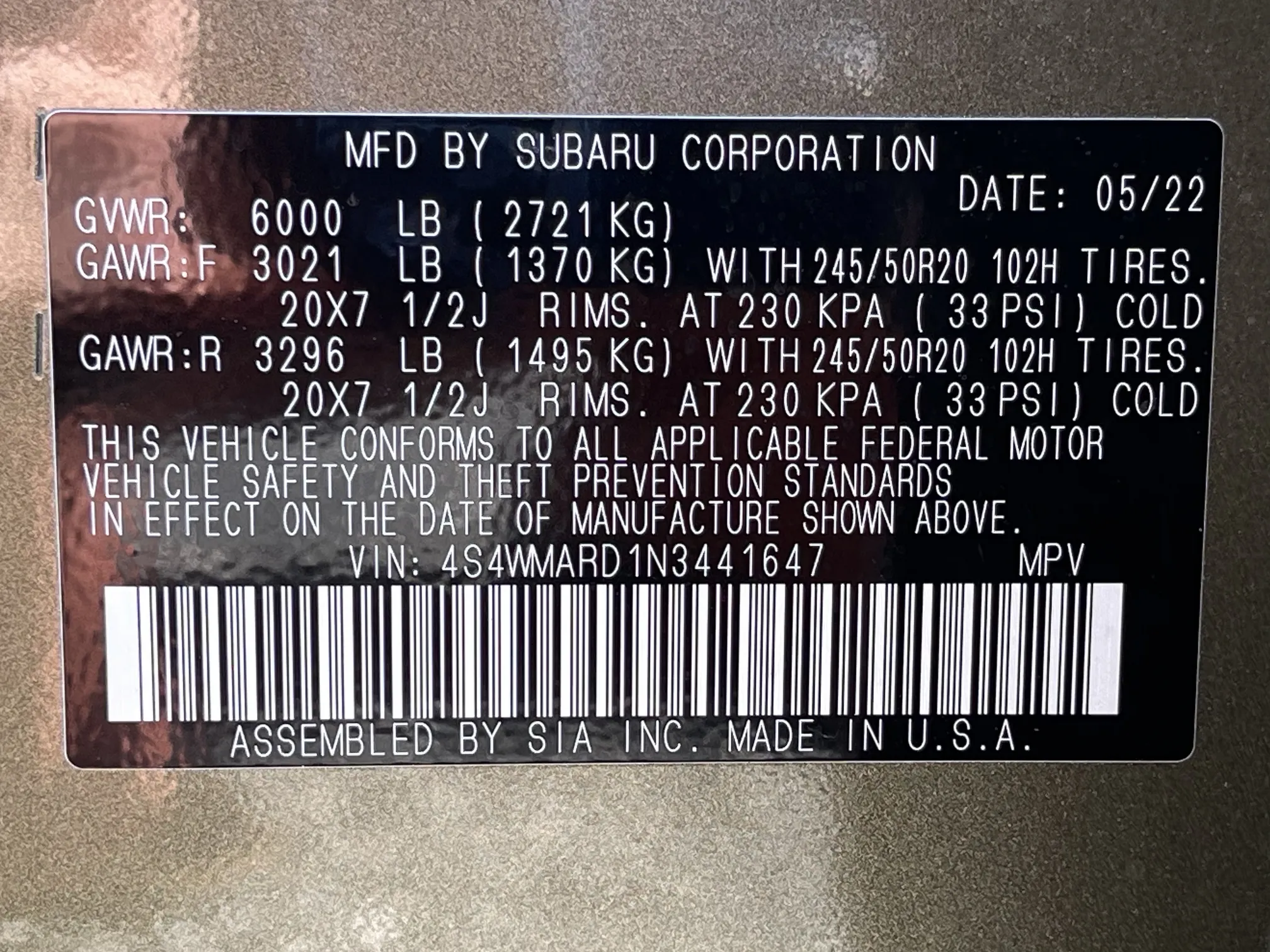 VIN plate