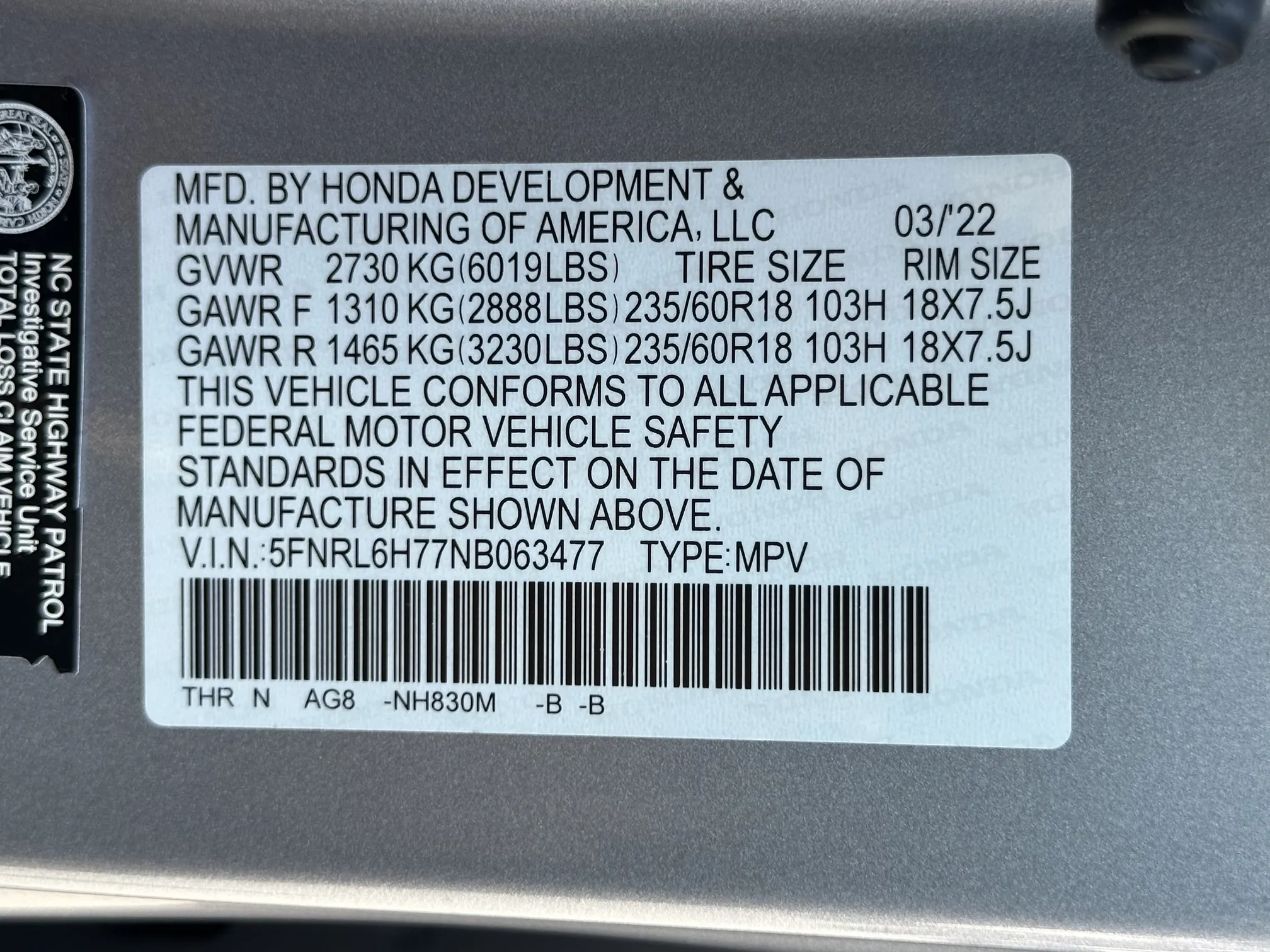 VIN plate