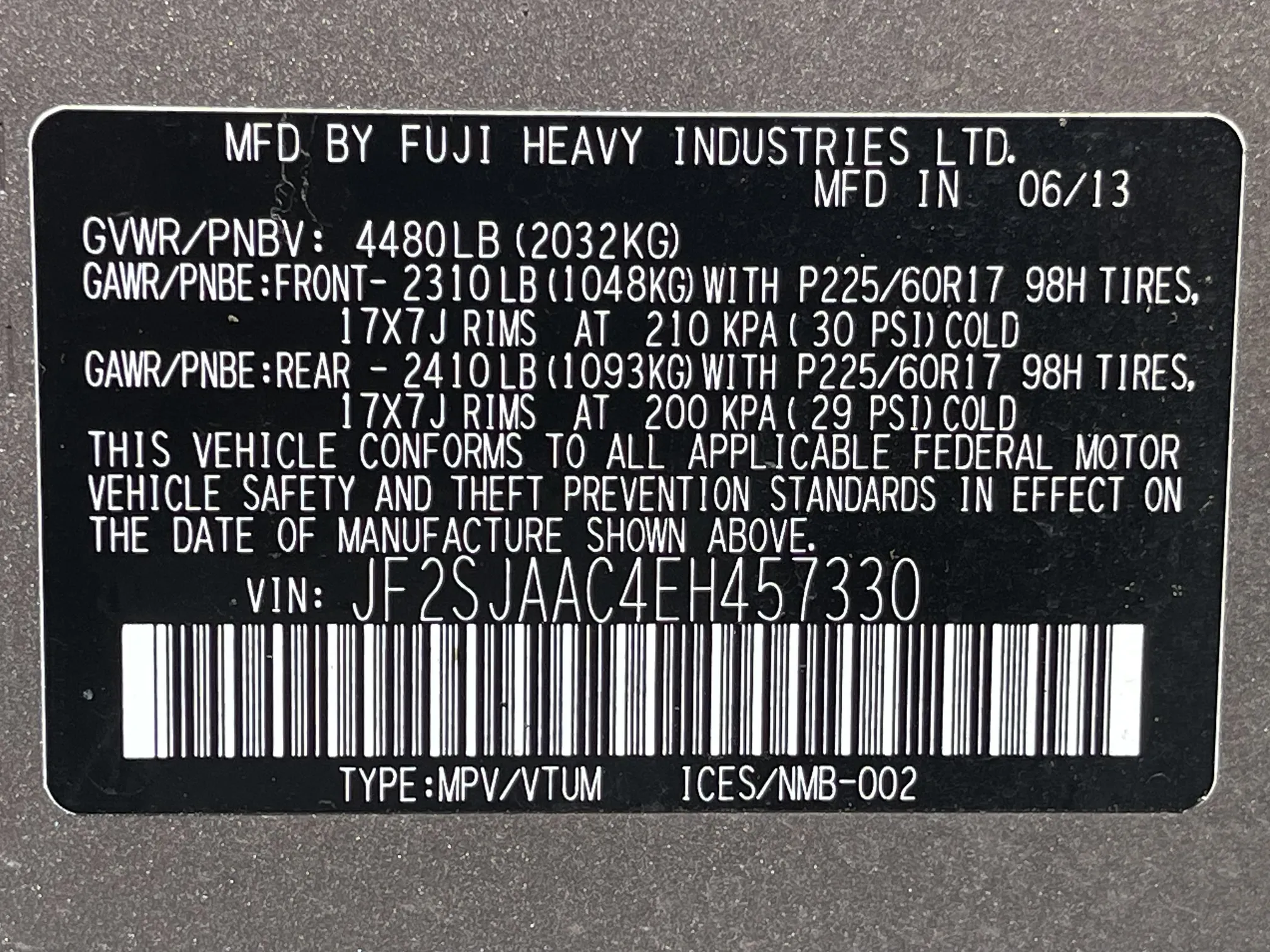 VIN plate