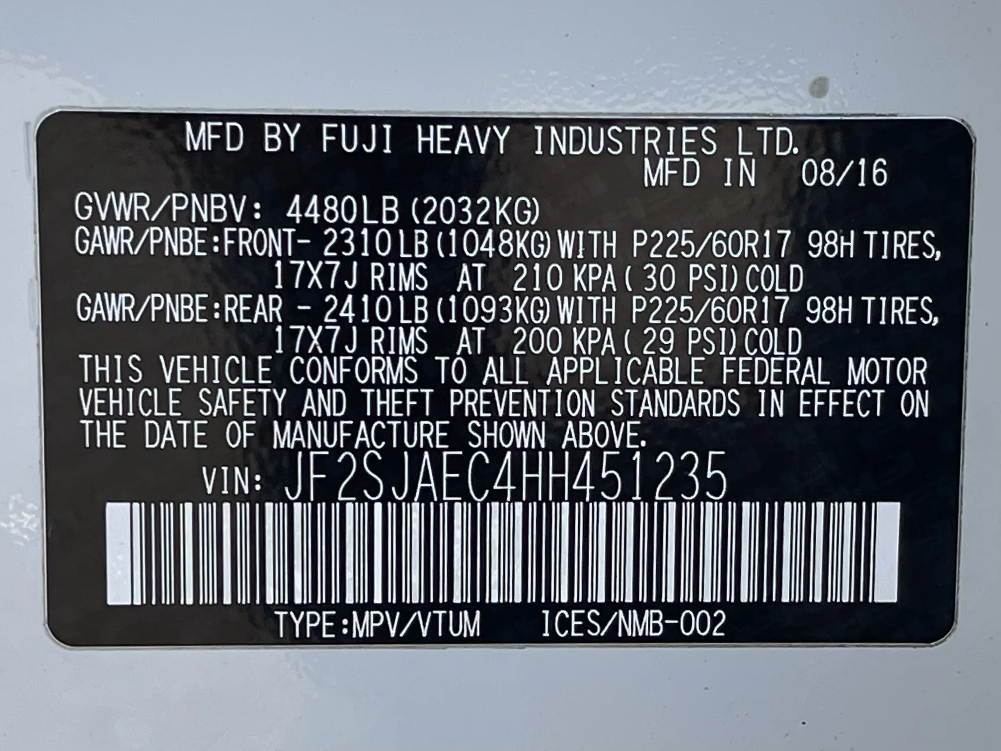 VIN plate
